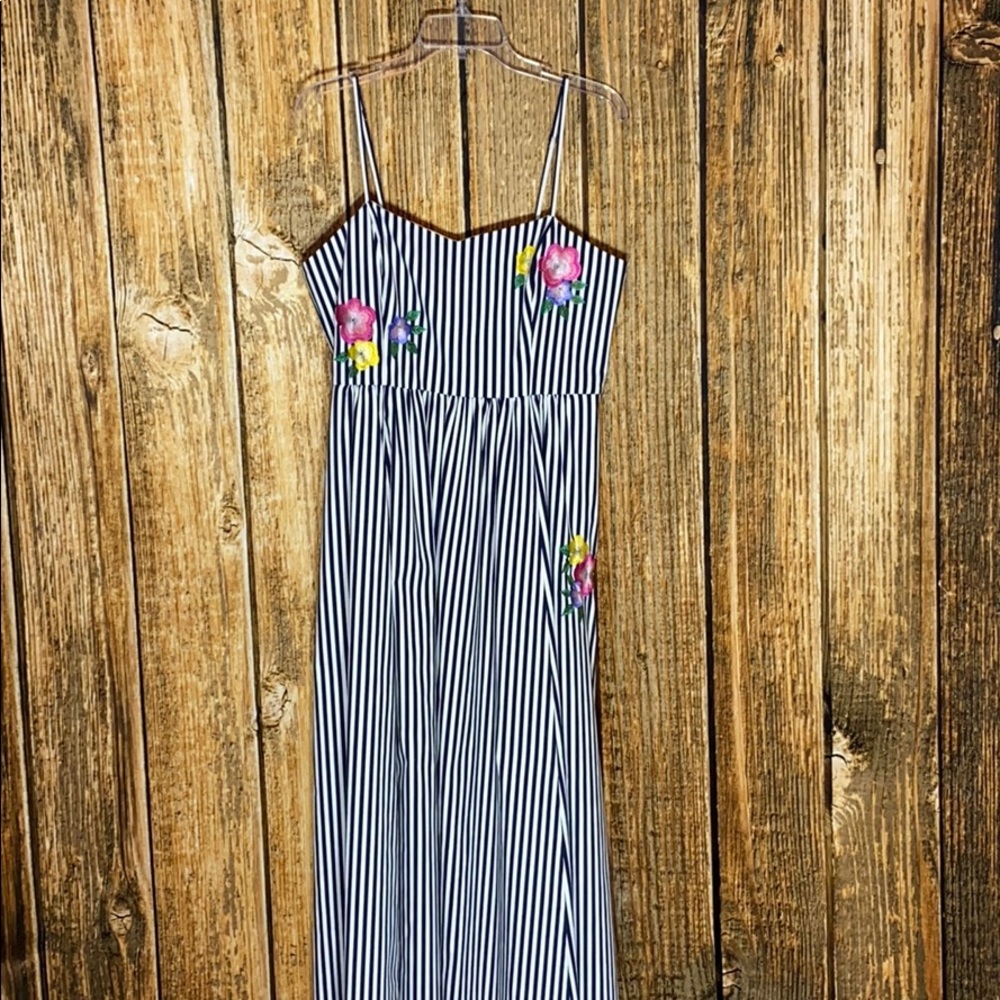 Badgley Mischka Black and White Striped Maxi Dress with Floral Appliqués